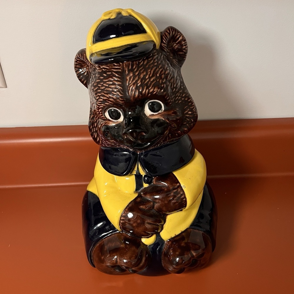 Vintage Bear with Cap/Hat Cookie Jar unmarked Blue/Yellow 1976